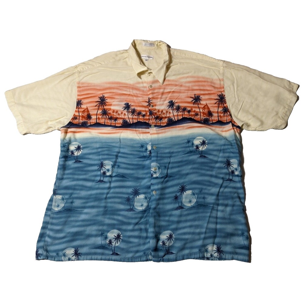 PIERRE CARDIN Men 2XL Tropical‎ Sunset Palm Tree Rayon Hawaiian Shirt